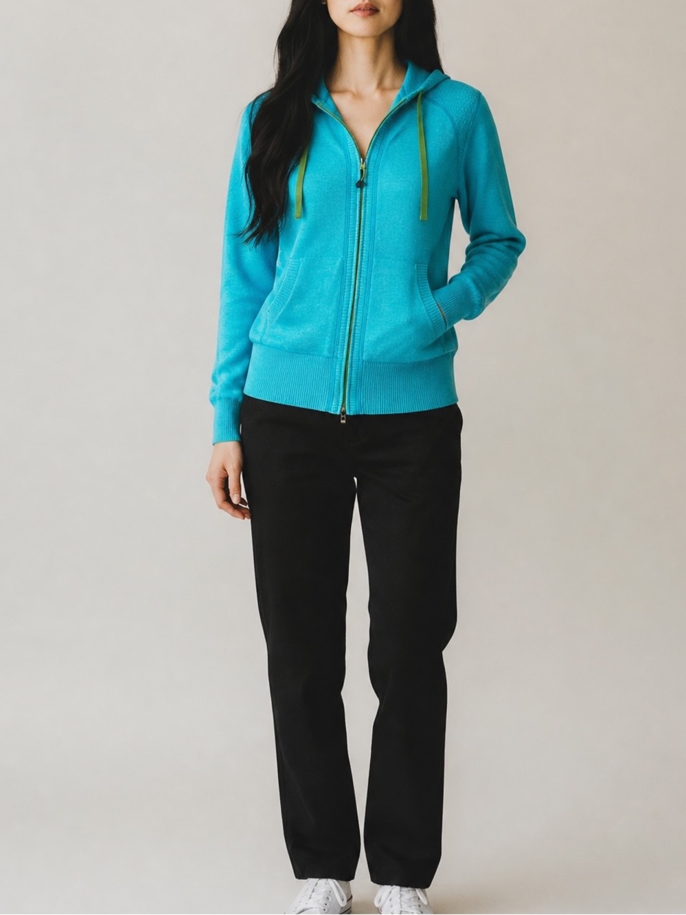 Eddie Bauer Hoodie Teal Blue Full Zip Ribbed Hem Hood Size M